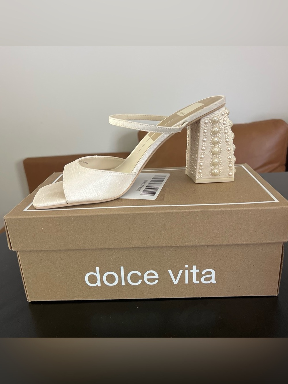 Dolce Vita Ivory Pearl-Embellished Block Heel Sandals